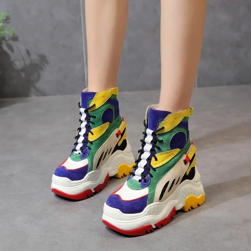 Spring Autumn New Korean Style Slim Height Increasing Platform Mixed Colors Lace-Up Genuine Leather Women Mid-Calf Modern Boots
