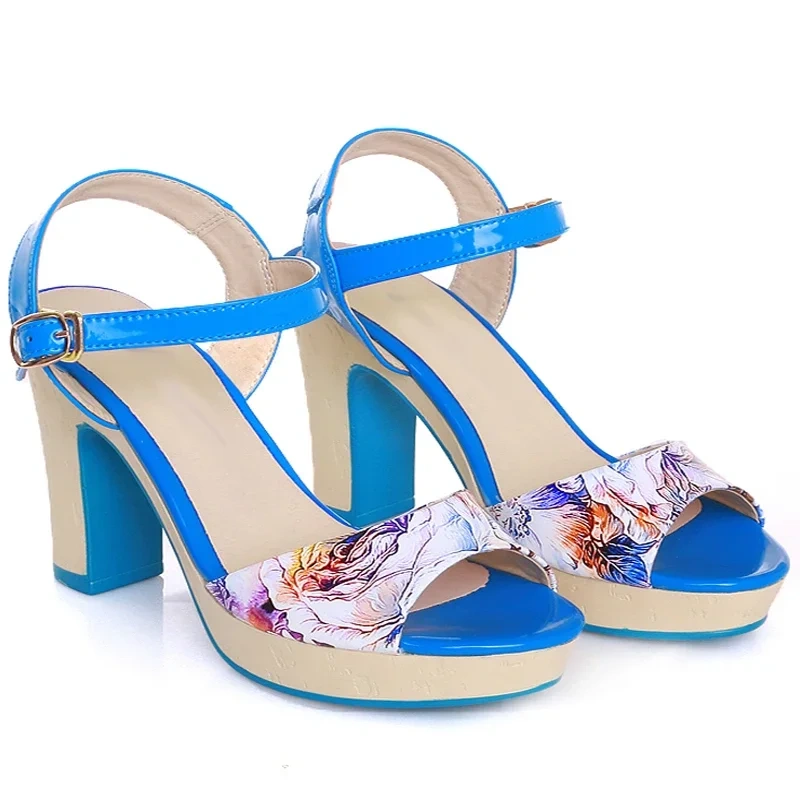 Printed Flowers Patent Leather Thick High Heels Sandals Summer New Blue Open The Toes Sandals Yellow Peep Toe Women Shoes