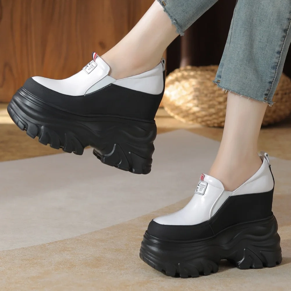 Korean Style New Slim Height Increasing Platform Round Toe Mixed Colors Genuine Leather Slip-On Women Casual Pumps Shoes 2407