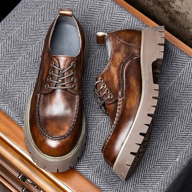 Spring Autumn New British Style Retro Chunky Bottom Platform Sewing Cross-tied Genuine Leather Men Motorcycle Shoes 2312