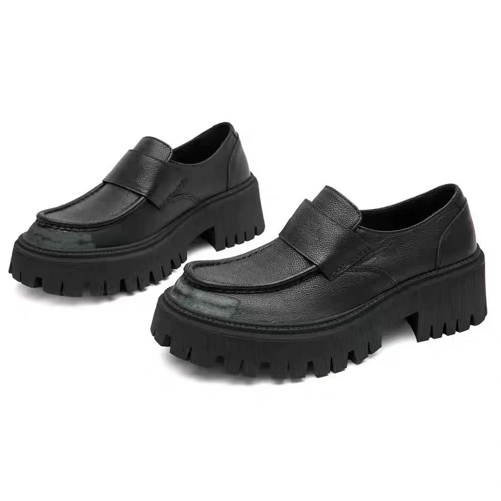 Spring Autumn New British Style Concise Thick High Heels Platform Belt Decoration Slip-On Genuine Leather Men Casual Shoes 2410