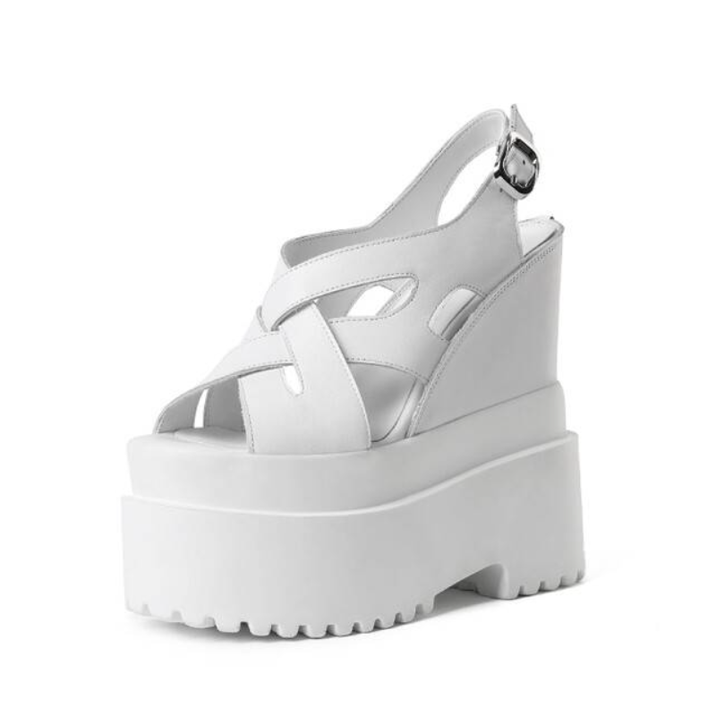 Summer New Retro 16 CM Super High Wedges Heels Platform Peep Toe Cut Out Cross-tied Buckle Strap Genuine Leather Women Gladiator Sandals 60123