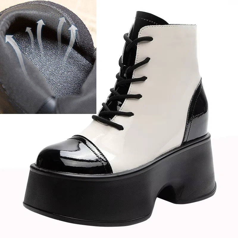 Spring Autumn Slim Height Increasing Platform Cross-tied Mixed Colors Patent Leather Women Ankle Short Modern Boots Winter Plush
