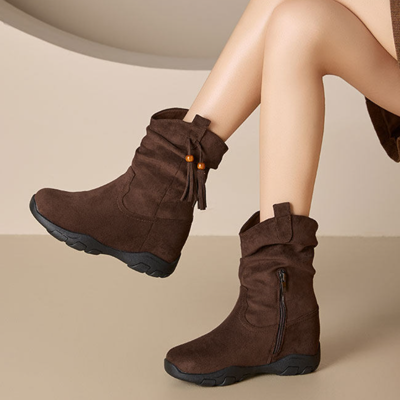 Women's Tassel & Beaded Ankle Boots 9 CM Hidden Heel Short Plush Winter Warm Slip-On Slimming Versatile Casual Spring Autumn 60123