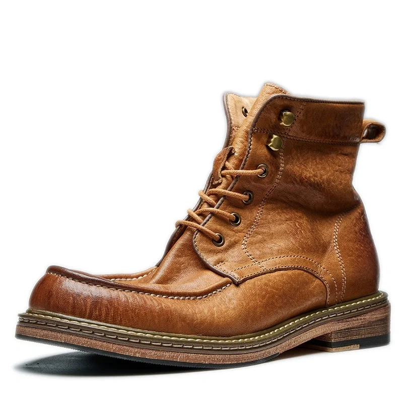 Spring Autumn New British Style Retro Thick Heels Round Toe Sewing Lace-Up Genuine Leather Men High Top Motorcycle Boots 2411