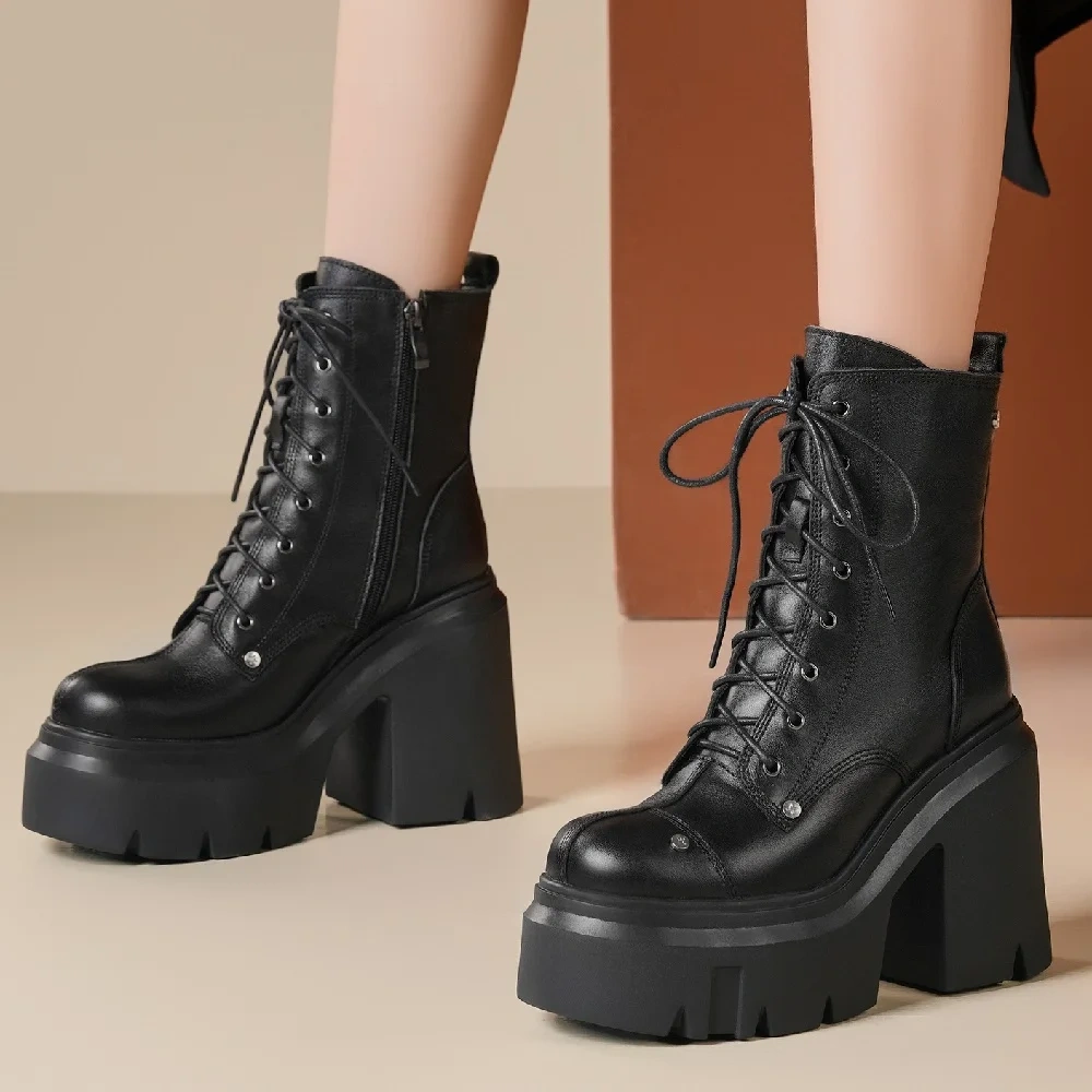 Spring Autumn Winter New Retro 12CM Super High Heels Platform Cross-tied Rivet Genuine Leather Women Mid-Calf Equestrian Boots