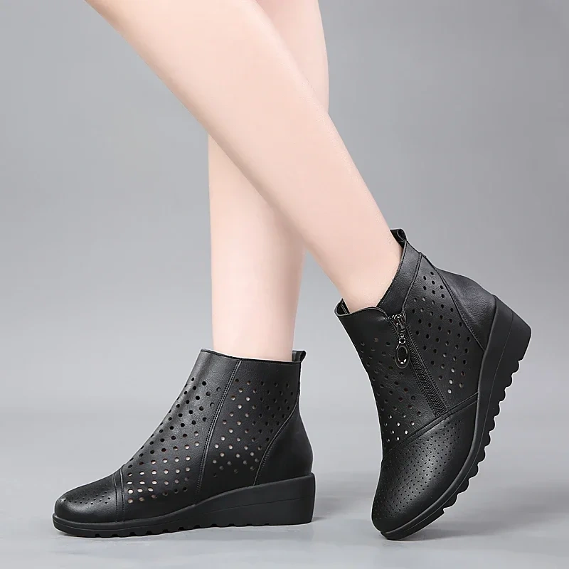 Spring Autumn Women Genuine Leather Round Toe Cut Out Wedge High Heels Shoes Thick Warm For Winter Concise Short Boots 230302