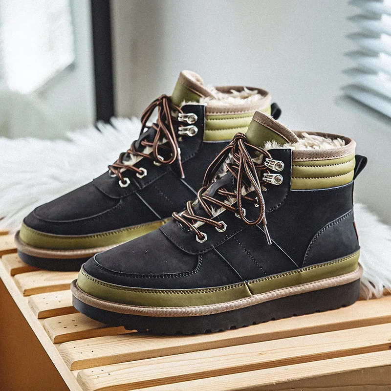 Winter New Retro Chunky Bottom Platform Plush Inside Patchwork Nubuck Men Ankle Short Snow Boots Male Work Safety Botas 2311