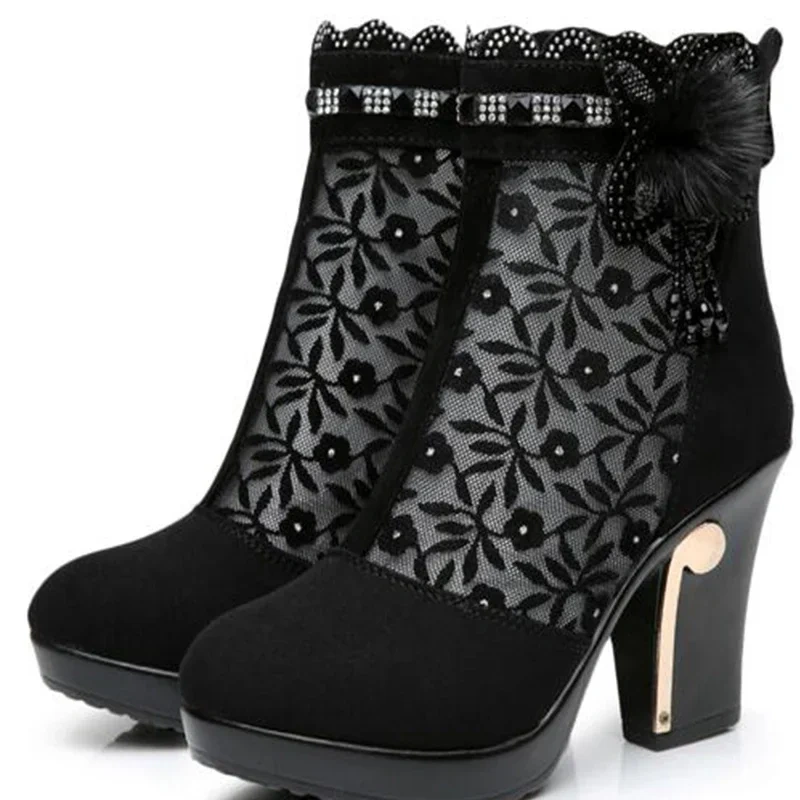 Summer New Fashion Thick Heels Cut-outs Embroidery Flowers Crystal Breathable Mesh Genuine Leather Women High-top Boots 0504