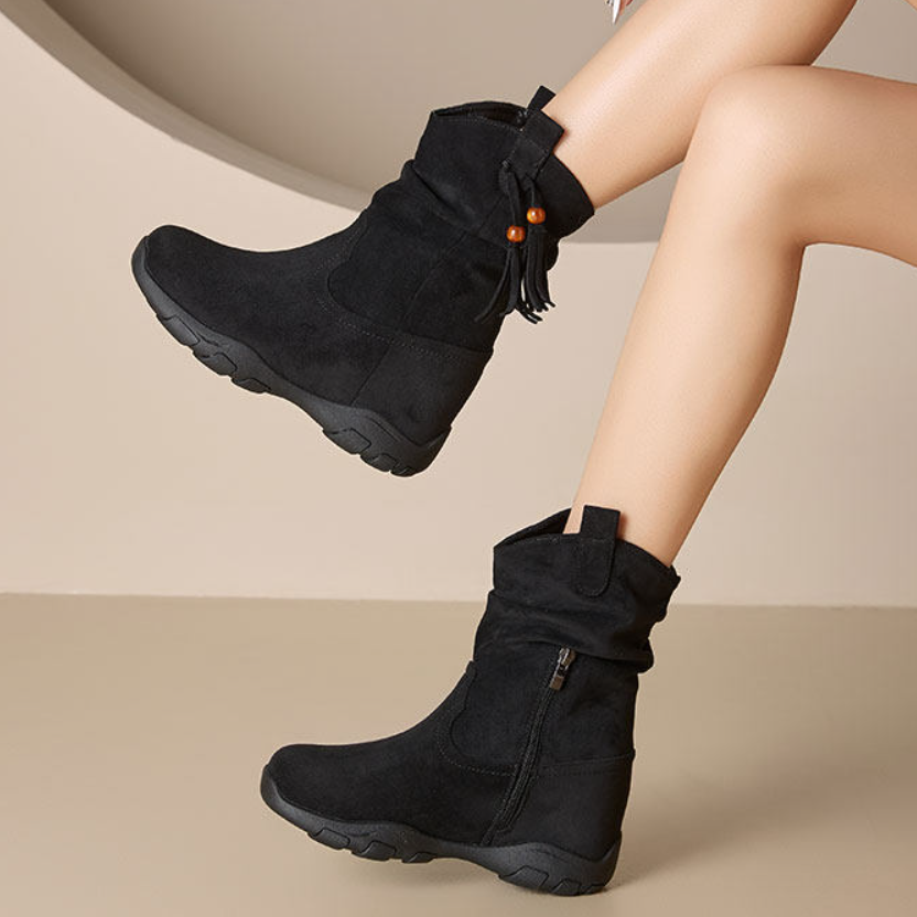 Women's Tassel & Beaded Ankle Boots 9 CM Hidden Heel Short Plush Winter Warm Slip-On Slimming Versatile Casual Spring Autumn 60123