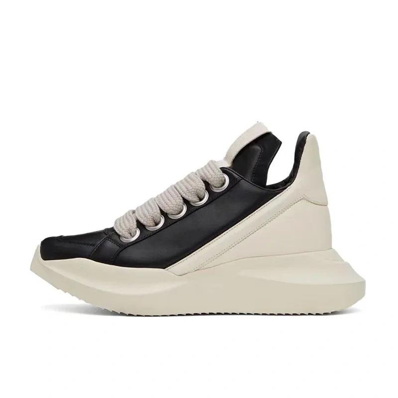 Spring Autumn New Leisure Chunky Bottom Sewing Cross-tied Genuine Leather Men High Top Sneakers Male Casual Board Shoes 2312
