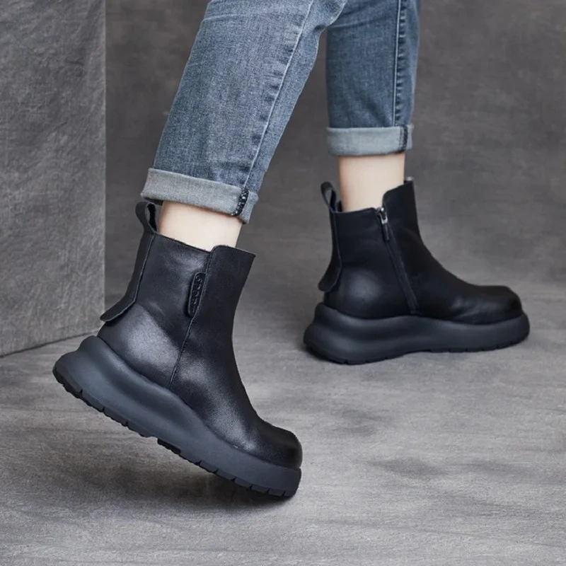 Spring Autumn Winter New British Style Retro Chunky Sole Platform Genuine Leather Zipper Women High Top Motorcycle Boots 2411