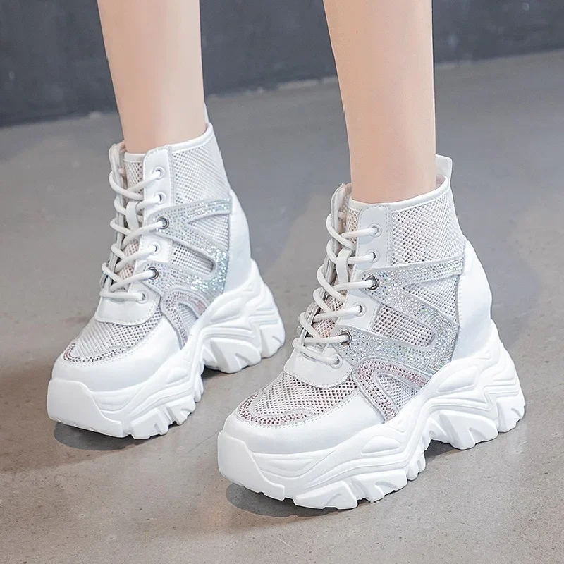 Women Pumps Summer New Slim Height Increasing Platform Bling  Crystal Breathable Mesh Genuine Leather Ladies Casual Sneakers 230