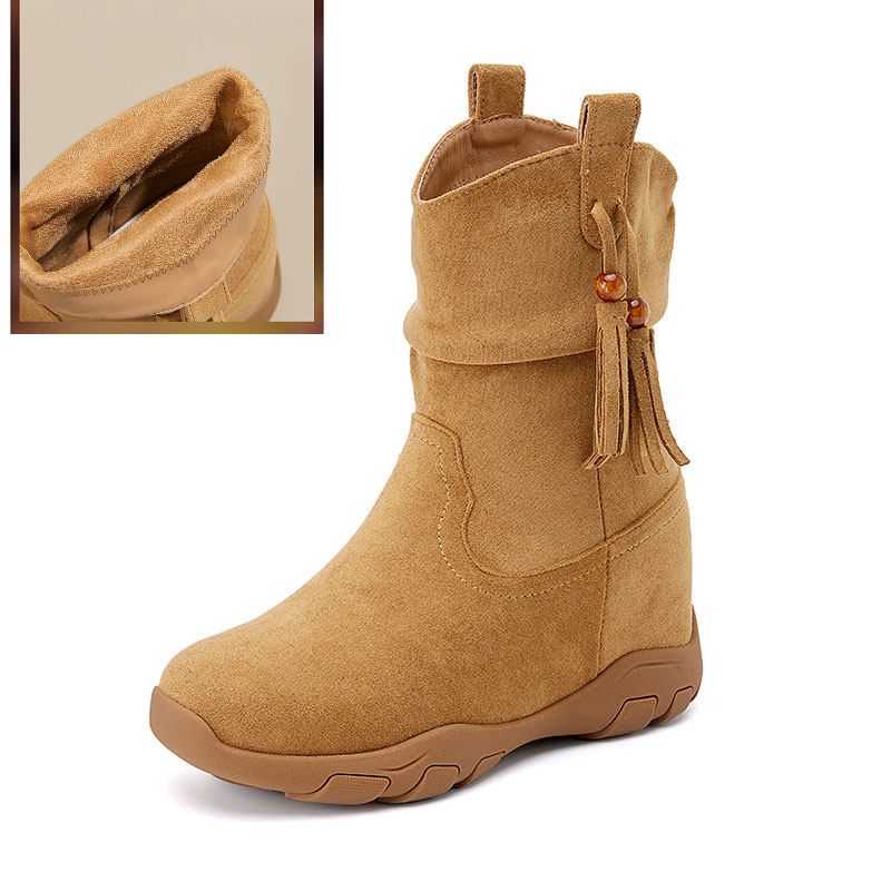 Women's Tassel & Beaded Ankle Boots 9 CM Hidden Heel Short Plush Winter Warm Slip-On Slimming Versatile Casual Spring Autumn 60123