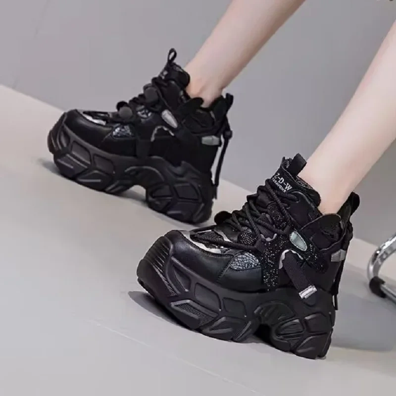 Winter New Leisure Height Internal Platform Crystal Bling Plush Inside Lace-Up Genuine Leather Women Casual Shoes Sneakers 2411