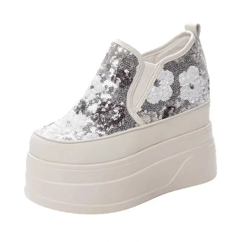Spring Autumn New Korean Style Slim Height Increasing Platform Bling Flowers Slip-On Sequined Cloth Women Casual Shoes Sneakers