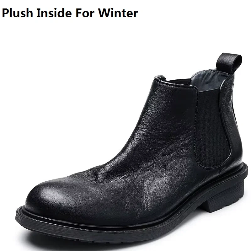 Spring Autumn New British Style Retro Thick Heels Sewing Slip-On Genuine Leather Men Ankle Short Chelsea Boots Winter Plush 2307