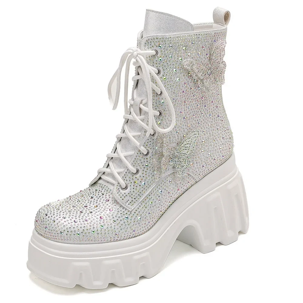Spring Autumn Winter New Super High Heels Platform Square Toe Bowknot Crystal Genuine Leather Women Ankle Short Modern Boots