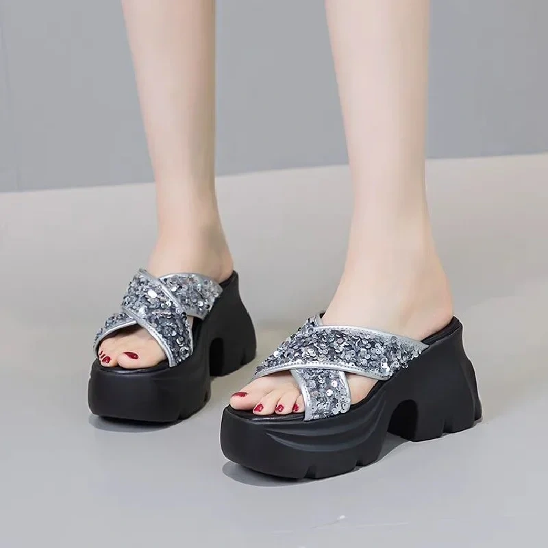 Summer New Korean Fashion Style Super High Heels Platform Peep Toe Cut Out Bling Genuine Leather Women Gladiator Slippers 2411