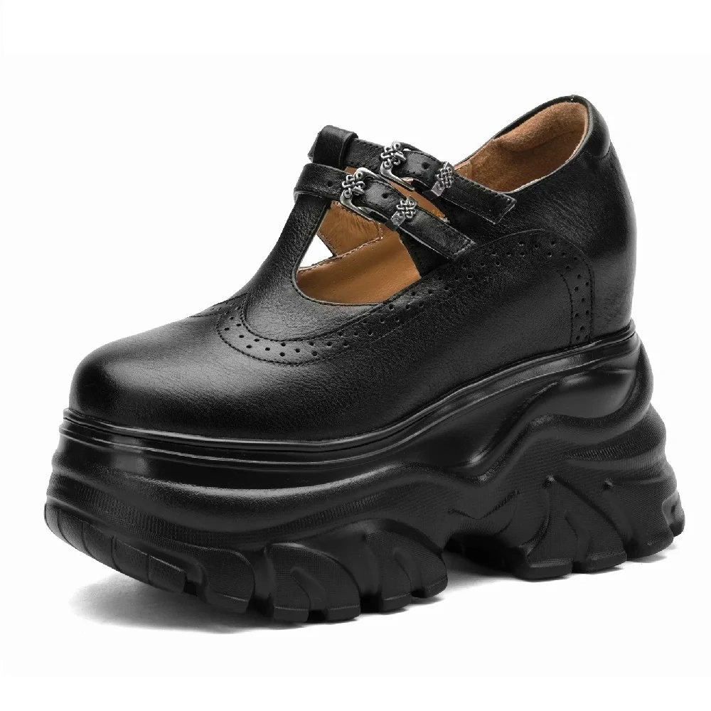 Spring Autmun New Retro Style Slim Height Increasing Platform Wedges Shallow Buckle Strap Genuine Leather Women Loafers Shoes