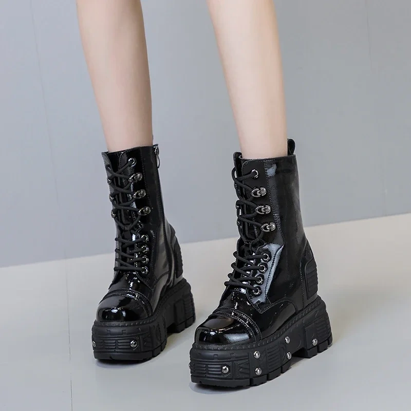Spring Autumn Winter New Slim Height Increasing Platform Cross-tied Rivet Genuine Leather Women Mid-Calf Half Equestrian Boots