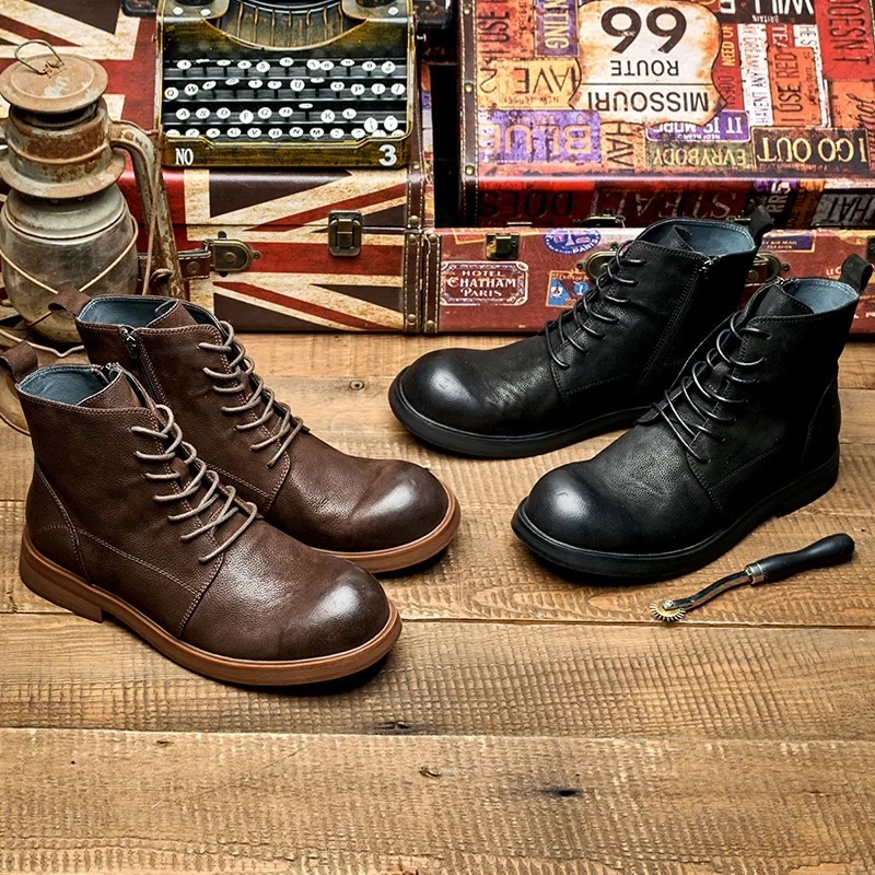 British Style New Retro Leisure Chunky Bottom Sewing Cross-tied Full Grain Leather Men Ankle High Top Motorcycle Boots 2308