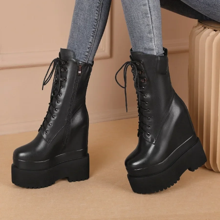 Spring Autumn Winter New British Style Slim Height Increasing Platform Cross-tied Genuine Leather Women Mid-Calf Modern Boots