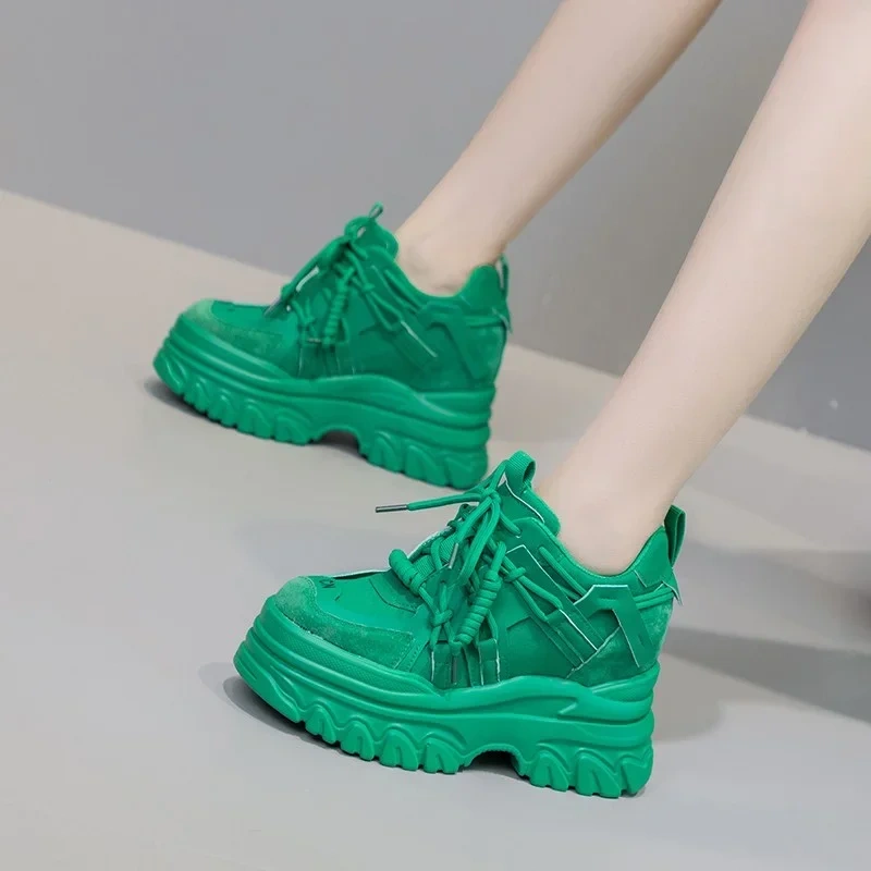 Spring Autumn New Korean Style Slim Height Increasing Platform Cross-tied Genuine Leather Women Casual Shoes Ladies Sneakers