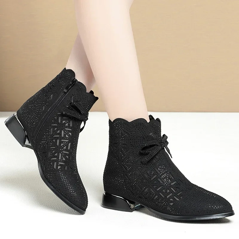 Spring Autumn Women New Arrival Pointed Toe Cut Out Square Heels Pumps Rhinestone Butterfly-knot Breathable Short Boots 230308