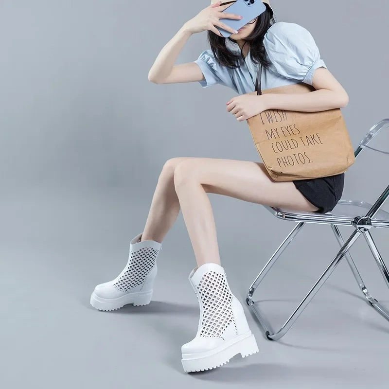 Summer New Slim Height Increasing Platform Wedges Cover Toe Hollow Genuine Leather Zipper Women Mid-Calf Modern Boots 2412