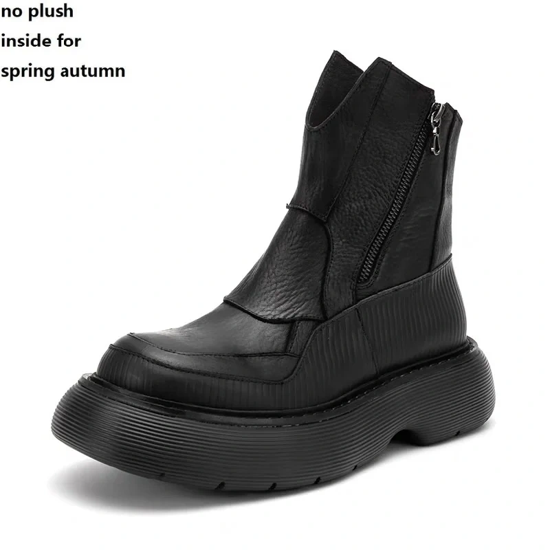 Spring Autumn New British Style Chunky Bottom Platform Sewing Genuine Leather Men High Top Short Motorcycle Boots Winter Plush