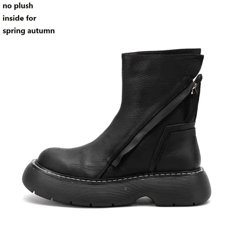 Spring Autumn British Style Chunky Bottom Platform Sewing Genuine Leather Men Mid-Calf Work Safety Boots Winter Plush Inside