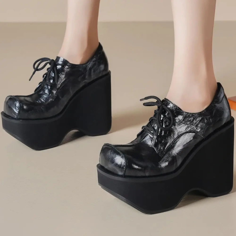 Women New Spring Autumn 12 CM High Heel Thick Sole Wedge Platform Lace Up Shoes Genuine Leather Printed Black Shoes 50222