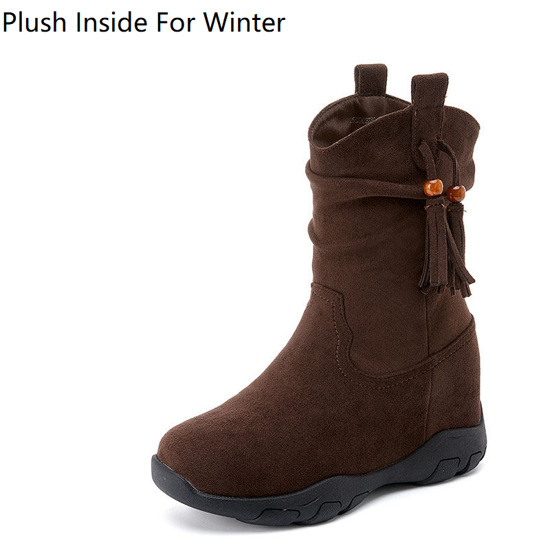 Women's Tassel & Beaded Ankle Boots 9 CM Hidden Heel Short Plush Winter Warm Slip-On Slimming Versatile Casual Spring Autumn 60123