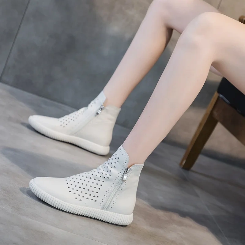 Summer Leisure Flat Bottom Sewing Hollow Cut Out Genuine Leather Women High-top Gladiator Boots Ladies Ankle Short Botas 2303