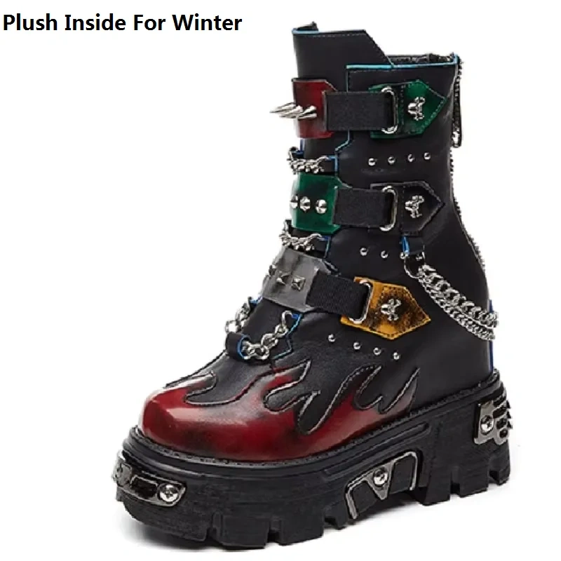 Spring Autumn Women Rivet Metal Chain Buckle Belt Short Equestrian Boots Winter Lady Plush Platform Ankle Chunky Boots 0915
