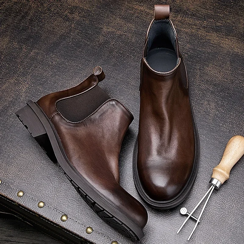 Spring Autumn New British Style Retro Thick Heels Sewing Slip-On Genuine Leather Men Ankle Short Chelsea Boots Winter Plush 2307