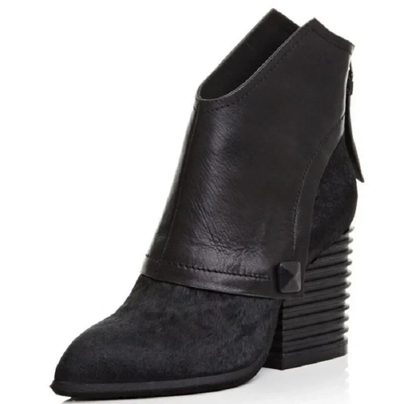 Spring Autumn Fashion Thick High Heels Pointed Toe Rivet Genuine Leather Women Ankle Short Modern Boots Winter Plush Inside