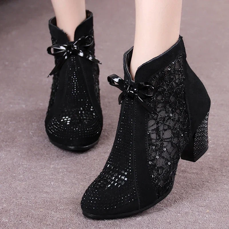 Mid Heel Nubuck Leather Lace Mesh Bowknot Summer Women Fashion Sandals Ankle Boots Genuine Leather Shoes Plus Size 32-42 SXQ0527