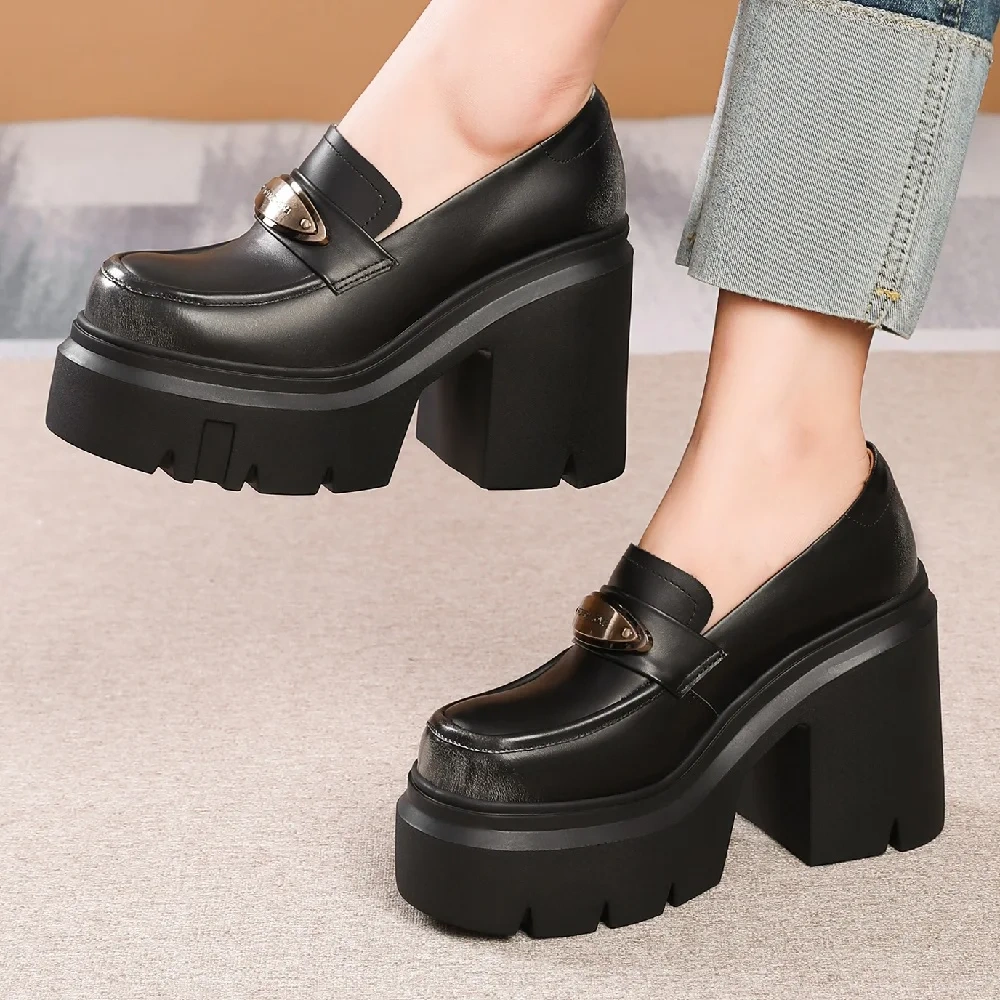 Women Loafers Spring Autumn New Slim 10CM Super High Heels Platform Metal Decoration Genuine Leather Slip-On Women Modern Pumps