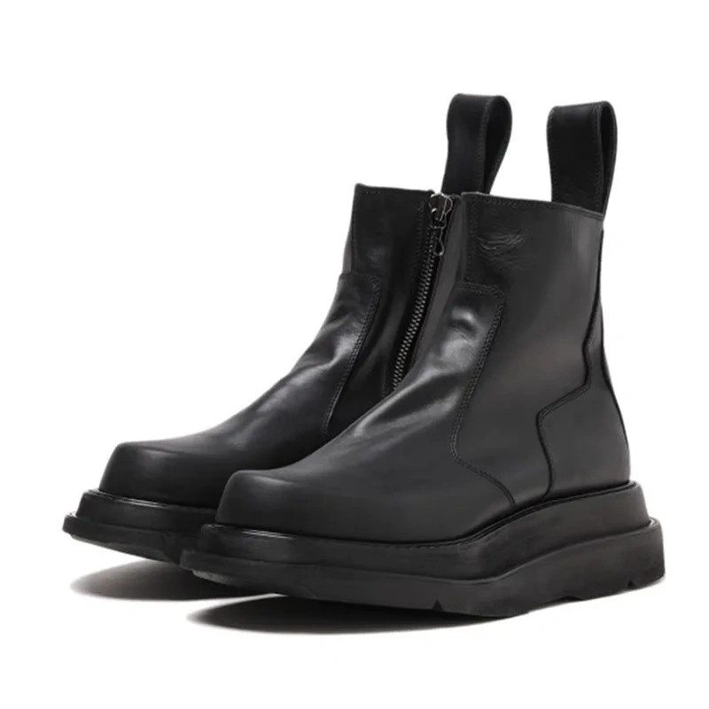 Spring Autumn New British Style Retro Chunky Bottom Platform Sewing Genuine Leather Men Mid-Calf Work Safety Boots Winter Plush