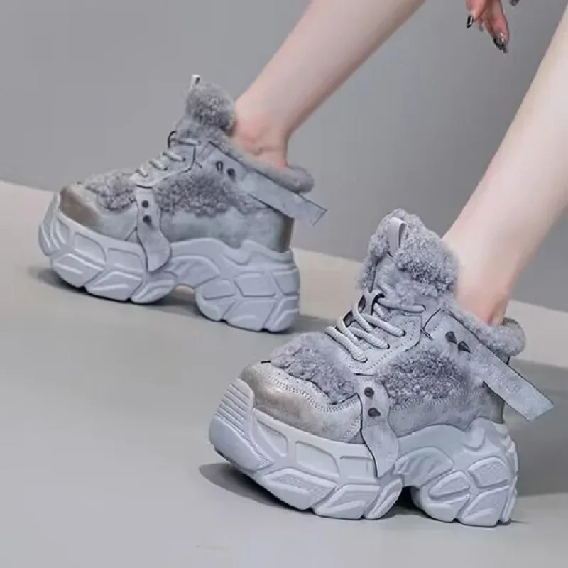 Winter New Slim 12CM Super High Heels Platform Plush Inside Rivet Lace-Up Genuine Leather Women Casual Shoes Ladies Sneakers