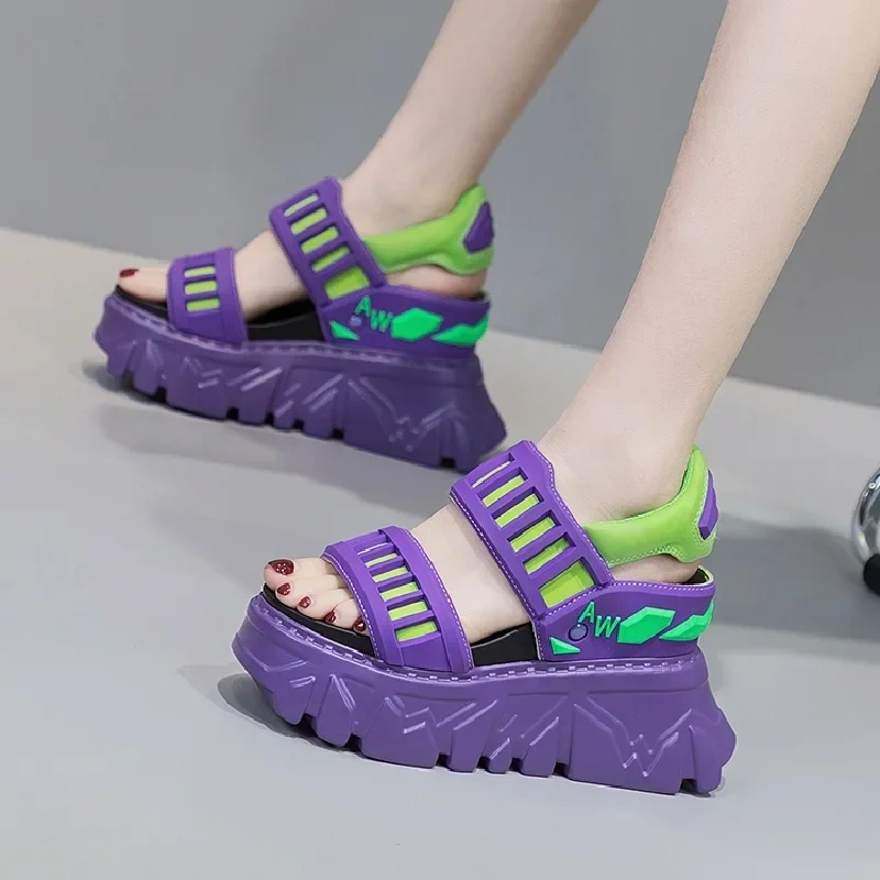 Summer New Fashion Slim Height Increasing Platform Peep Toe Cut Out Mixed Colors Genuine Leather Women Modern Rome Sandals 41217