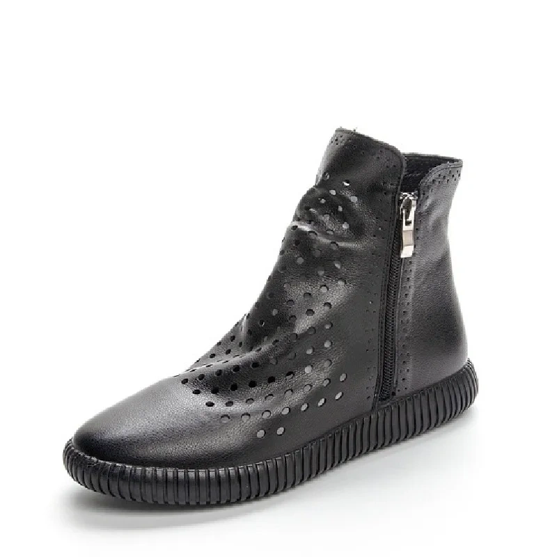 Summer Leisure Flat Bottom Sewing Hollow Cut Out Genuine Leather Women High-top Gladiator Boots Ladies Ankle Short Botas 2303