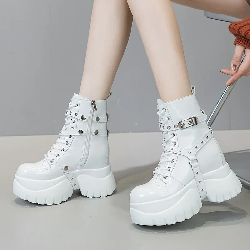 Winter New Slim Height Increasing Platform Cross-tied Belt Buckle Rivet Plush Genuine Leather Women Mid-Calf Half Modern Boots