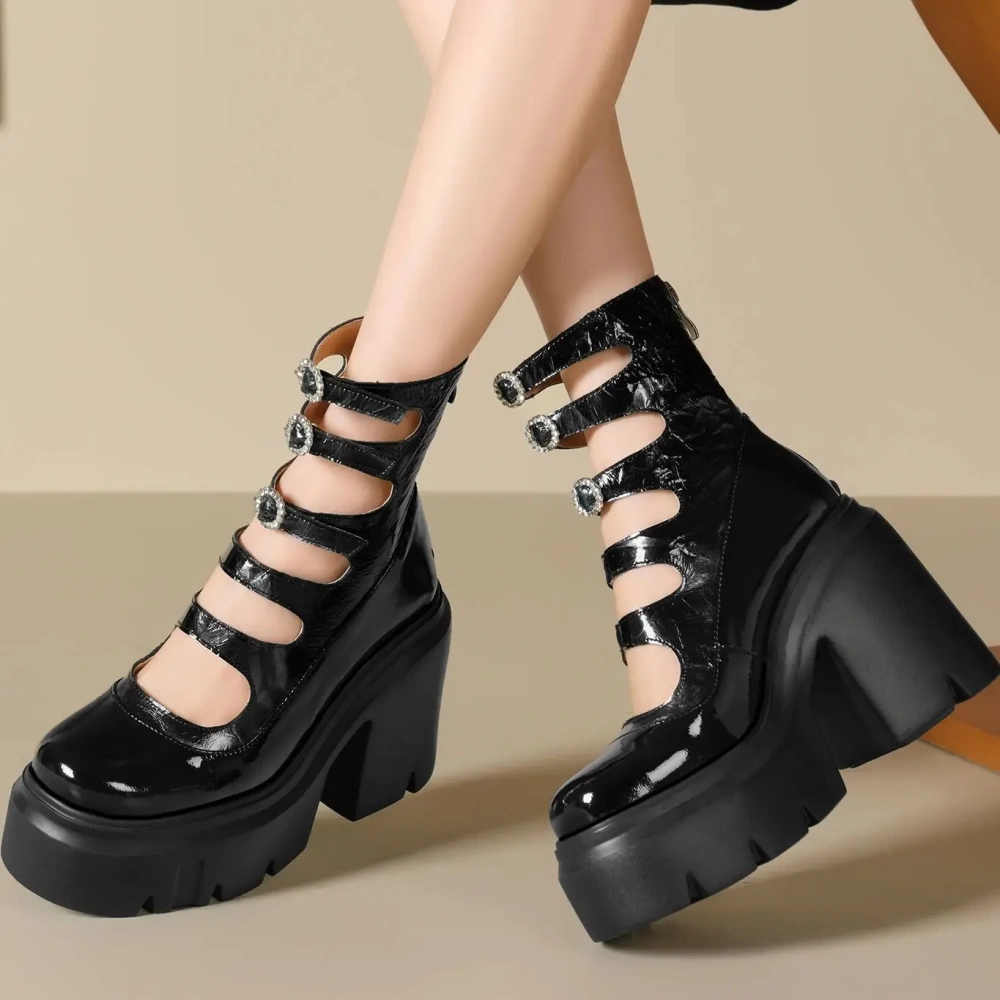 Women 12 CM Heel New Crystal Belt Buckle Spring Autumn Boots Real Leather Hollow Out Rome Splicing Stitching Design Pumps 50220