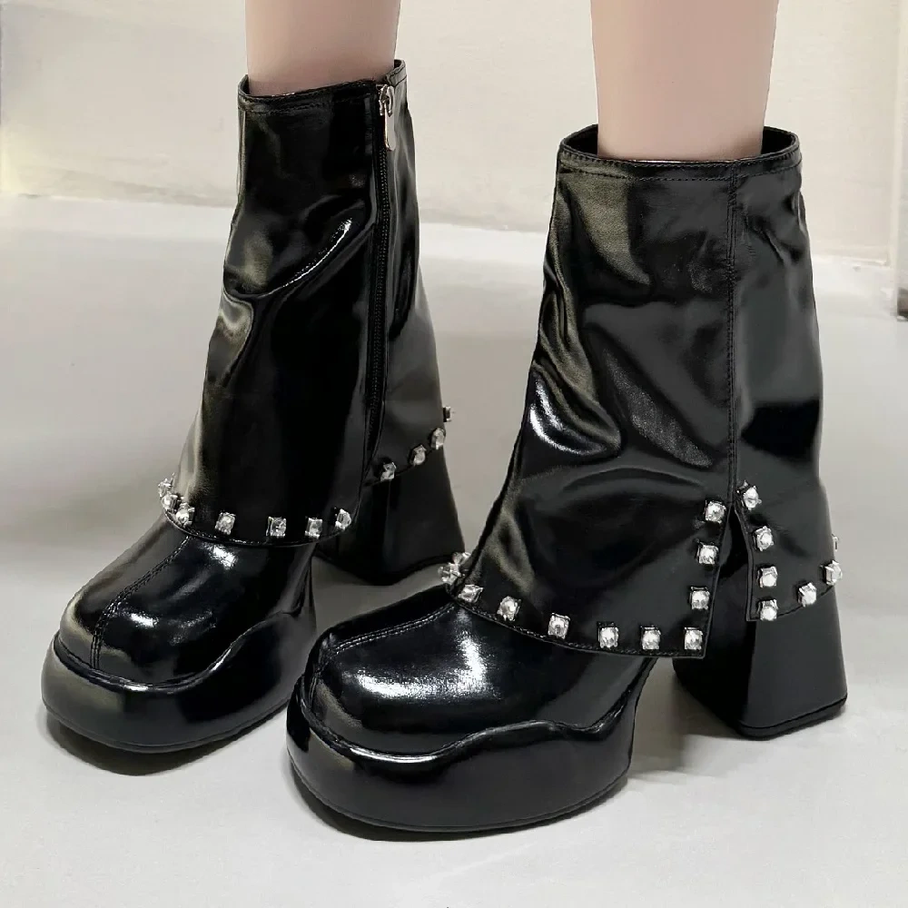 Spring Autumn Winter New Sexy Super High Heels Platform Crystal Rivet Zipper Genuine Leather Women High Top Short Foldover Boots