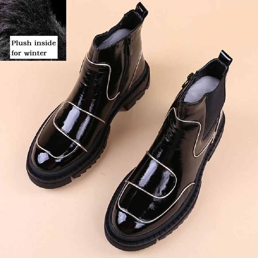 Spring Autumn New British Style Retro Chunky Bottom Platform Patent Leather Men Ankle Short Chelsea Boots Winter Plush 2311