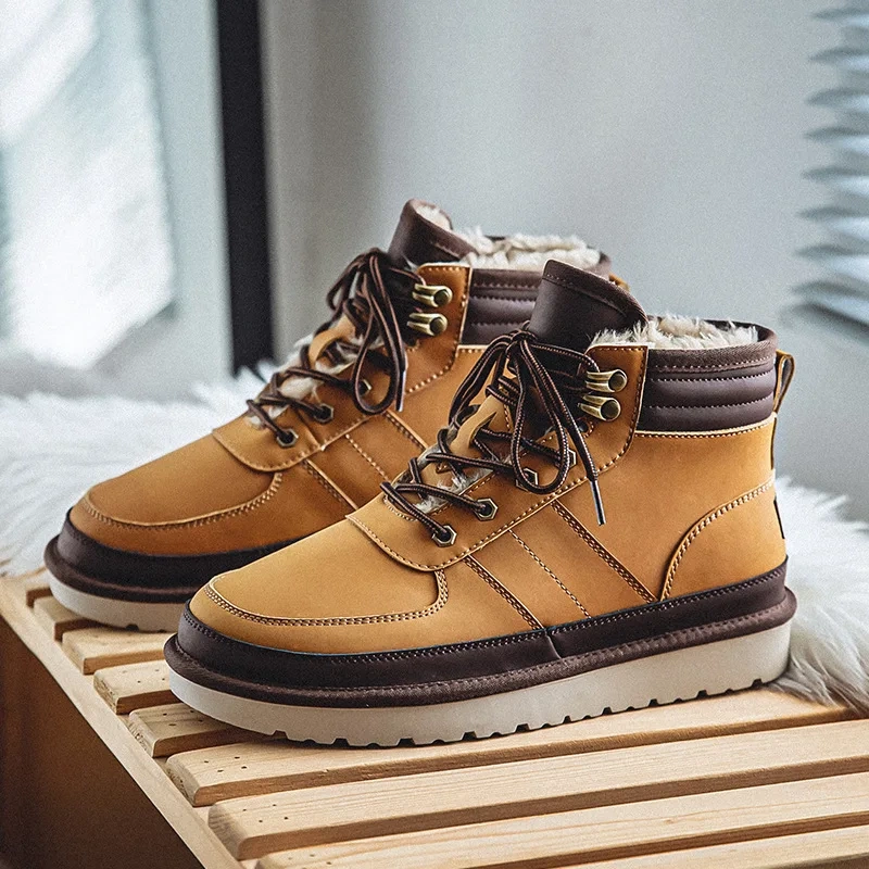 Winter New Retro Chunky Bottom Platform Plush Inside Patchwork Nubuck Men Ankle Short Snow Boots Male Work Safety Botas 2311