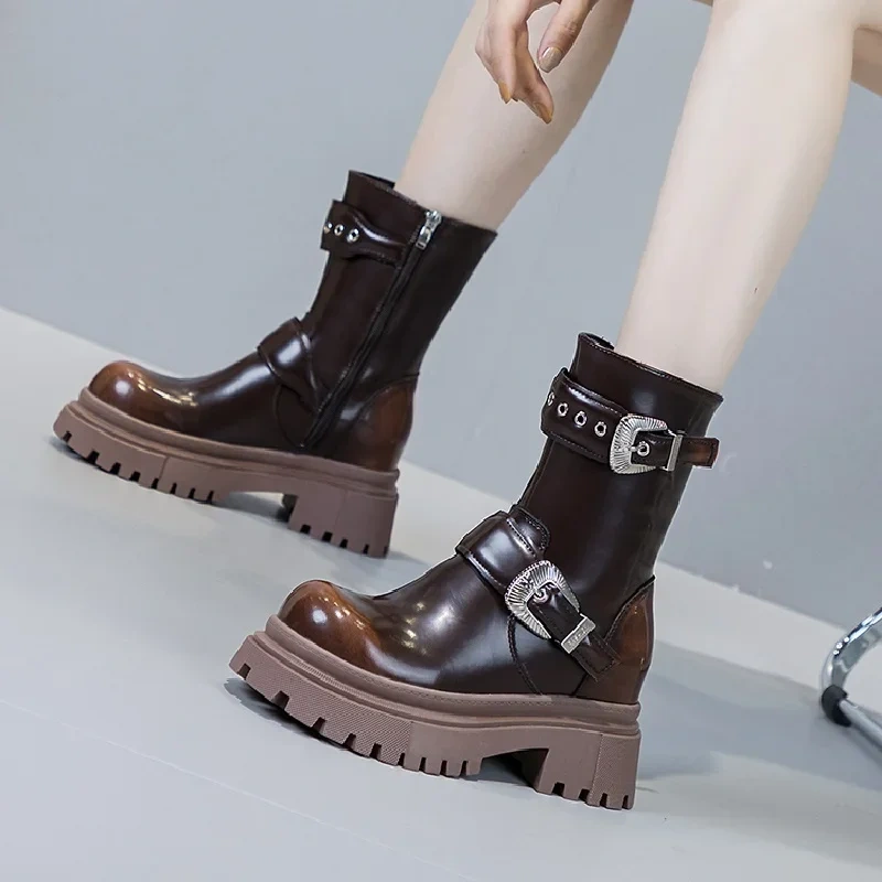 Spring Autumn New Punk Style Slim Height Increasing Platform Belt Buckle Genuine Leather Zipper Women Mid-Calf Motorcycle Boots